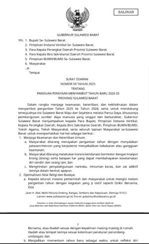 Surat Edaran Gubernur Sulbar: Tahun Baru 2026 Tanpa Petasan, Tanpa Balapan Liar