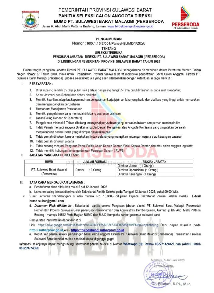 Sulbar Buka Seleksi Terbuka Direksi PT Malaqbi, Upaya Optimalisasi PAD di Tengah Efisiensi